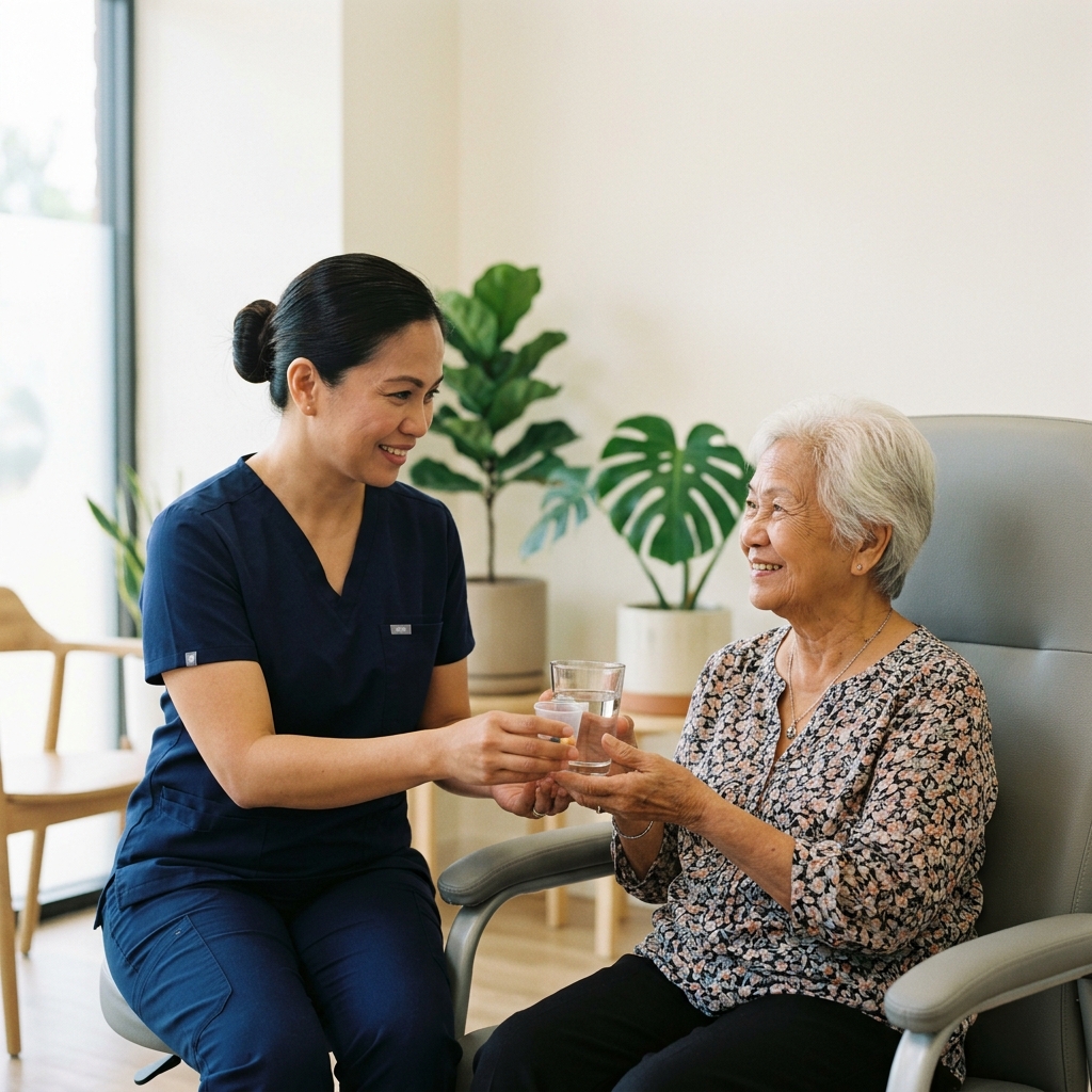 Filipino nurse assisting TB patient with treatment